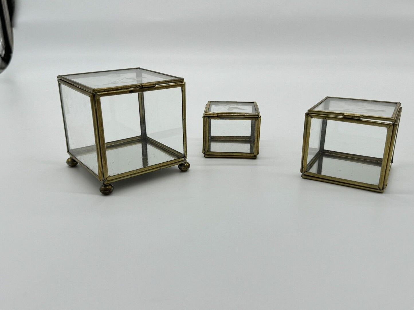 Antique Brass Glass Jewellery Boxes Set of 3 Original Old Hand Crafted