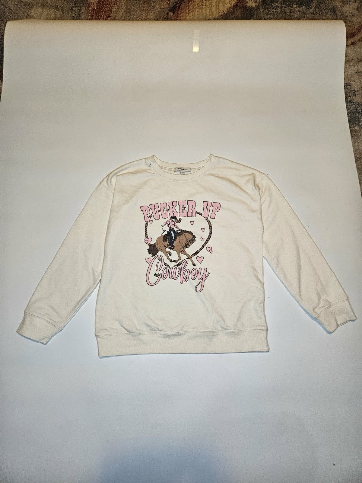 francesca's Cowboy Graphic Pullover Sweatshirt Ivory XS Crew Neck Knit
