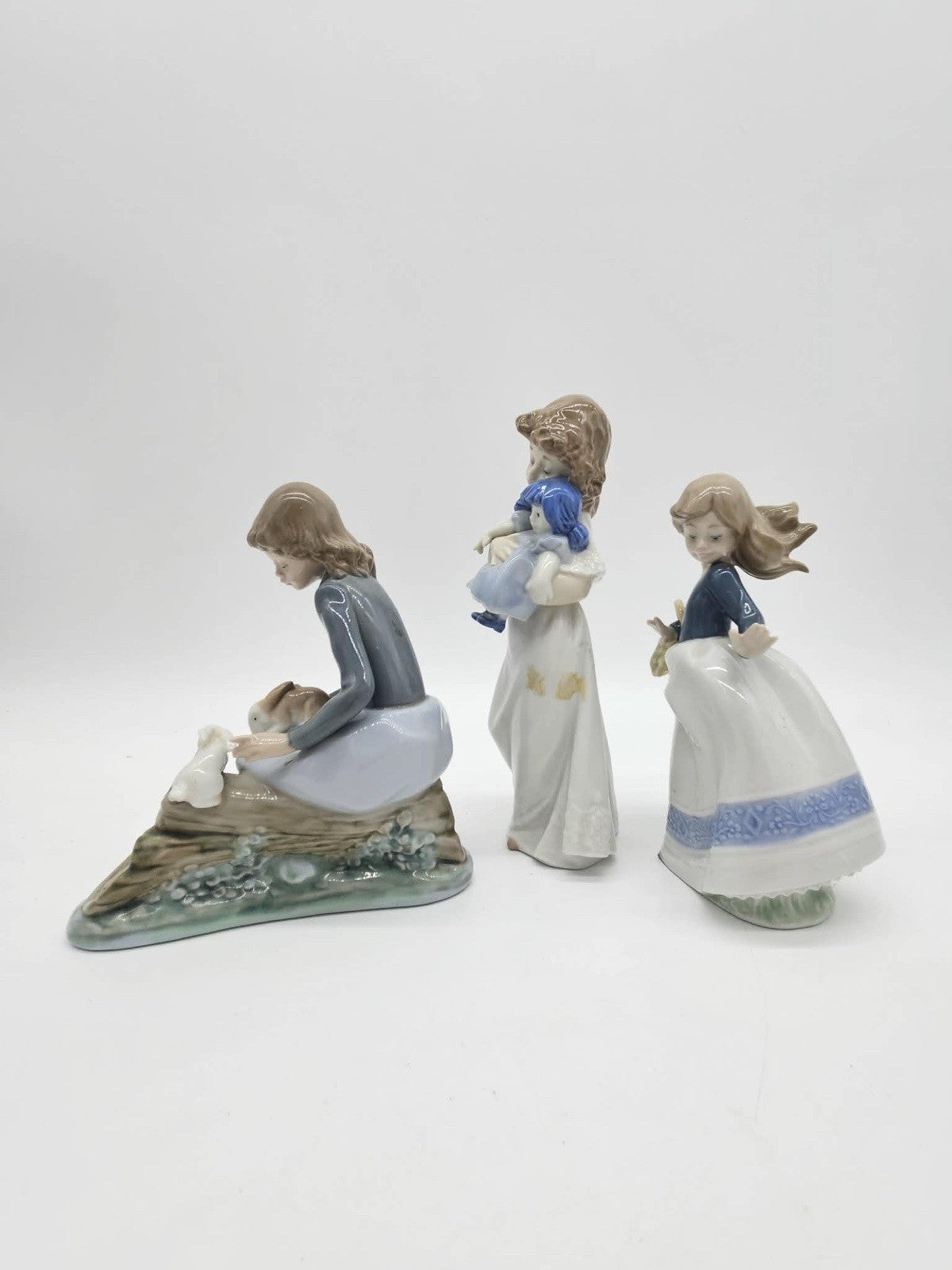 Lot of 3 NAO by Lladro Porcelain Girl Figurines Bunny Rabbit Doll Basket