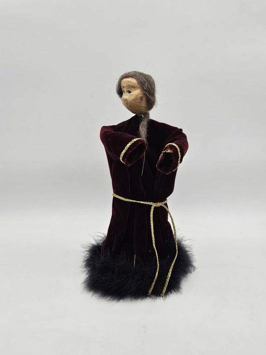 Vintage Primitive Folk Art Caroler Figure Burgundy Velvet Handmade Holiday Decor