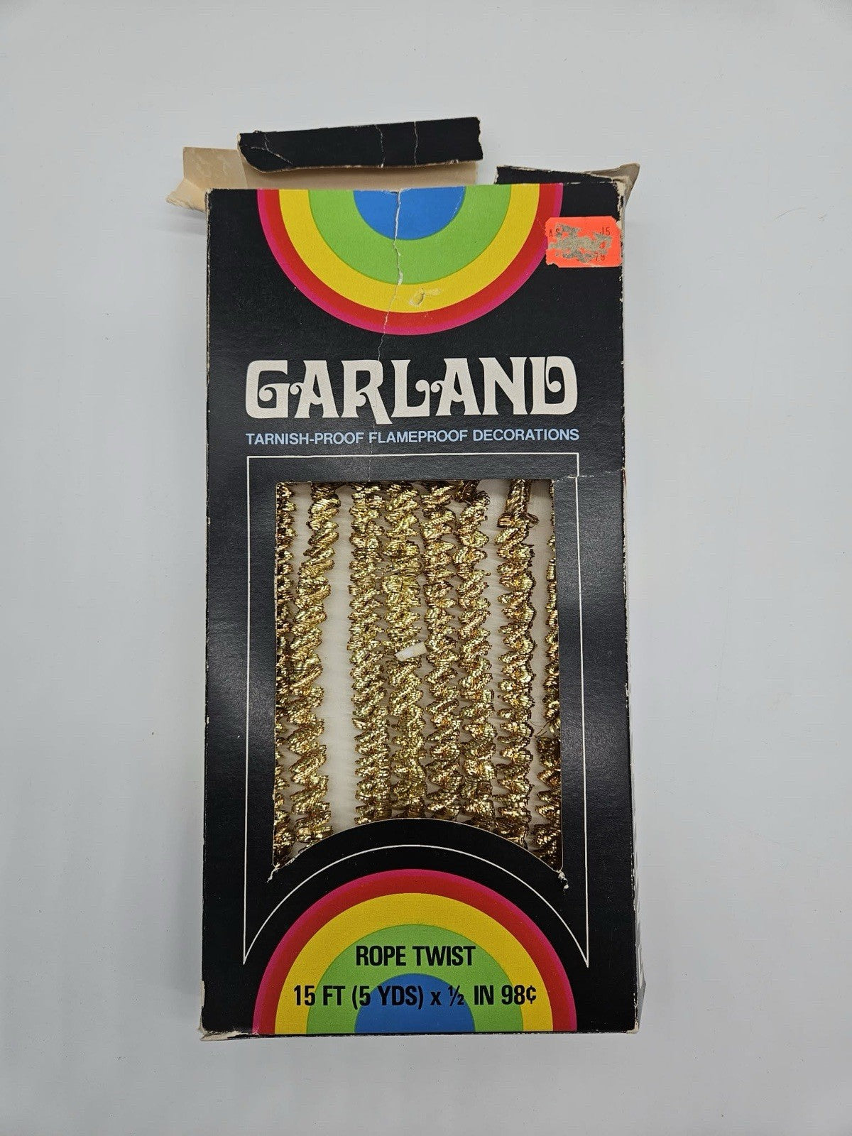 Vintage Christmas Garland Gold 15 Feet 1.5” Box New Old Stock NEAT BOXES Holiday