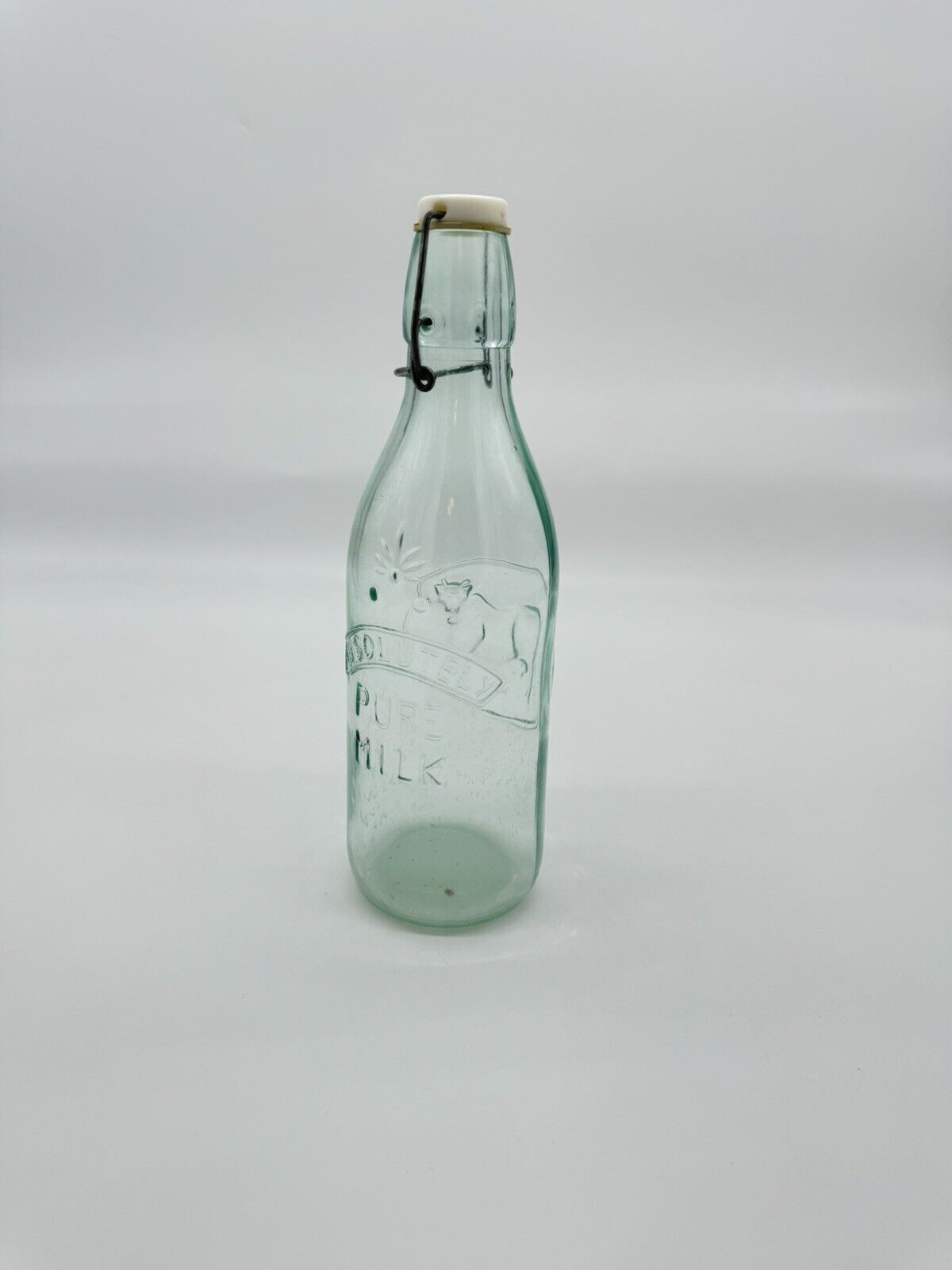 Vtg Absolutely Pure Milk Clear Glass Bottle Wire Rubber Stopper 3D Cow 11.5"