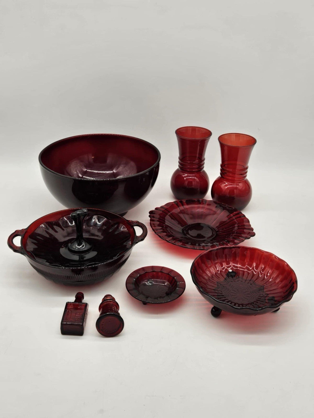 Set of 9 VTG Anchor Hocking "Royal Ruby" Red Glass Uniqe Dishware Decor Pieces
