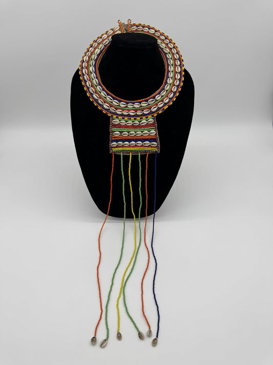 Vintage Kenya African Wedding Collar Colorful Seed Bead & Shell Round Necklace