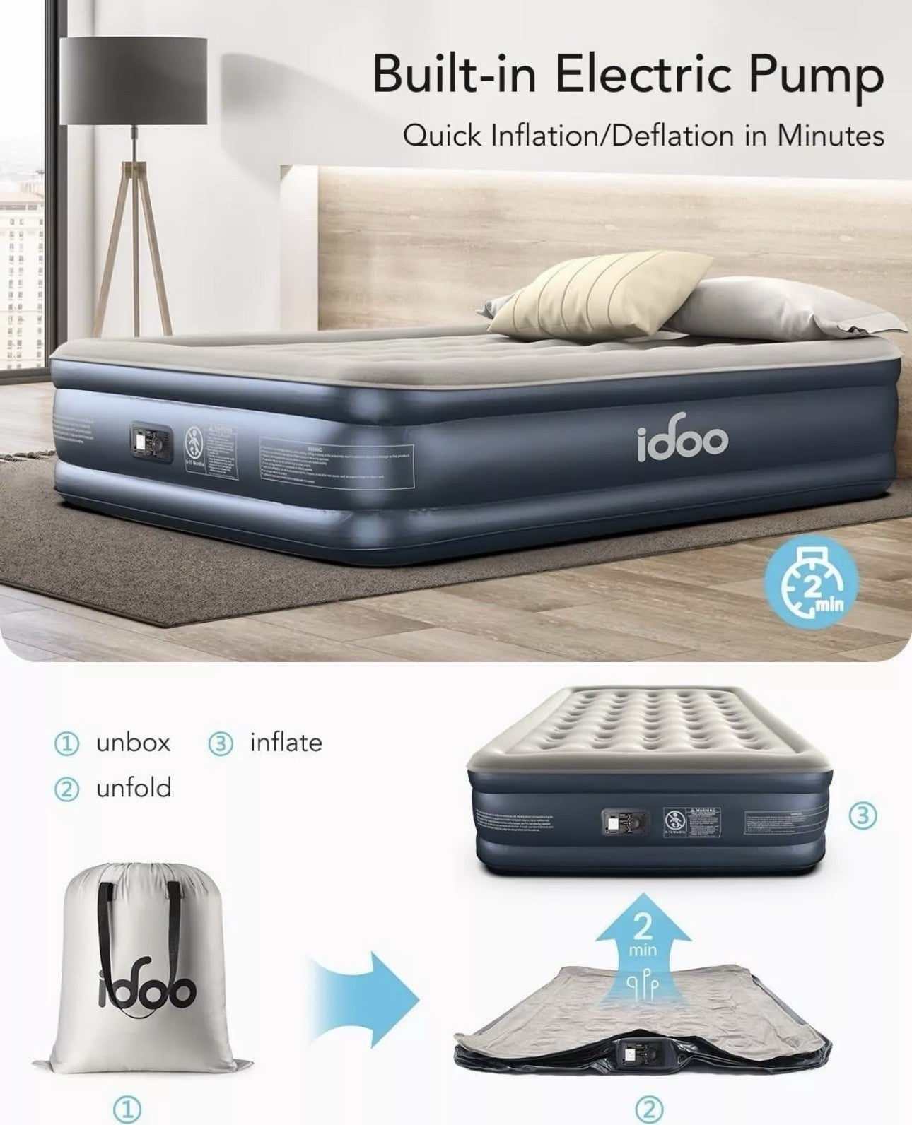 iDOO Queen Air Mattress with Built in Pump, 18 Raised Comfort Blow up Mattress,