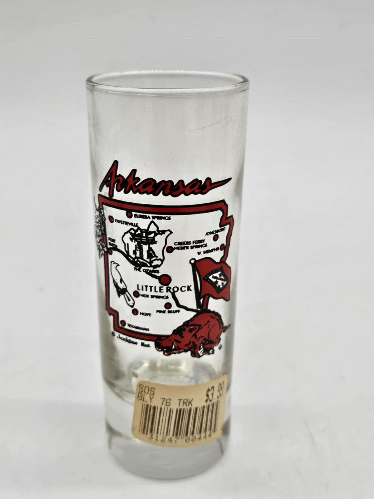 Shot glass Arkansas The Natural State. Has Map Plus Hogs On It. Tall Shot Glass