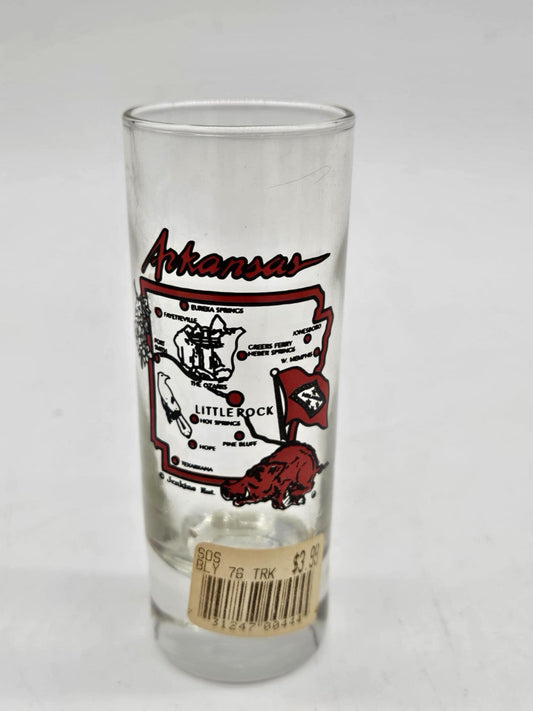 Shot glass Arkansas The Natural State. Has Map Plus Hogs On It. Tall Shot Glass