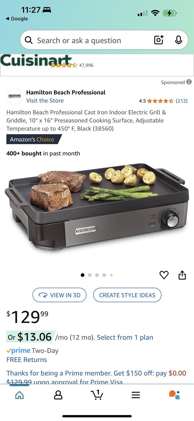 Hamilton Beach Professional Cast Iron Indoor Electric Grill & Griddle, 10" x ...