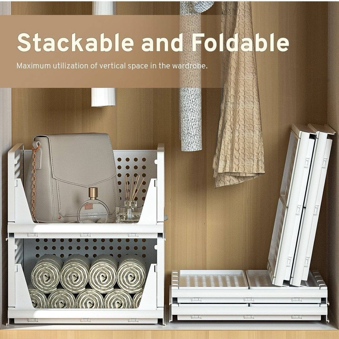 Clothes Organizers And Storage, 3 Pack Stackable Plastic Storage Bins, Foldable