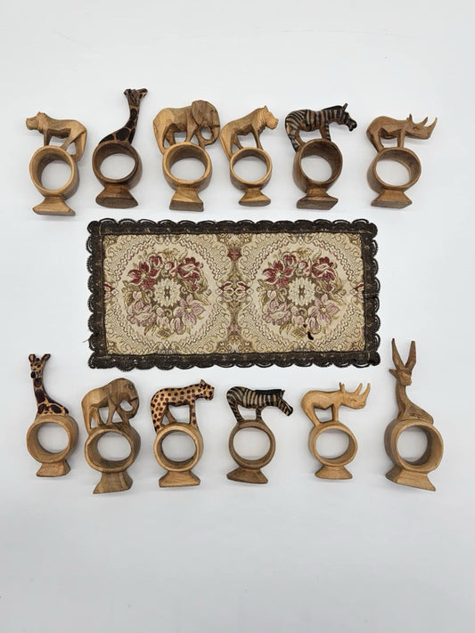 VTG Hand Carved Wood Wild African Safari Animal Napkin Rings 12Pc