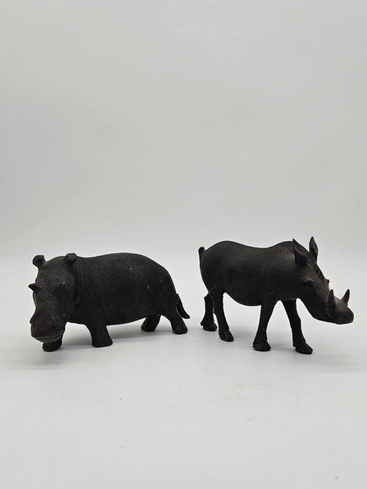 Pair African Hand carved Animals ~ Warthog & Hippo