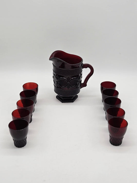 VINTAGE AVON CAPE COD RUBY RED COLLECTION PITCHER 48 Oz w/ 10 PC GLASS SET