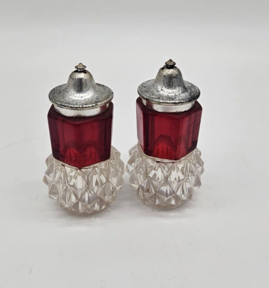 Indiana Glass Diamond Point Ruby Salt and Pepper Set with Chrome Lids