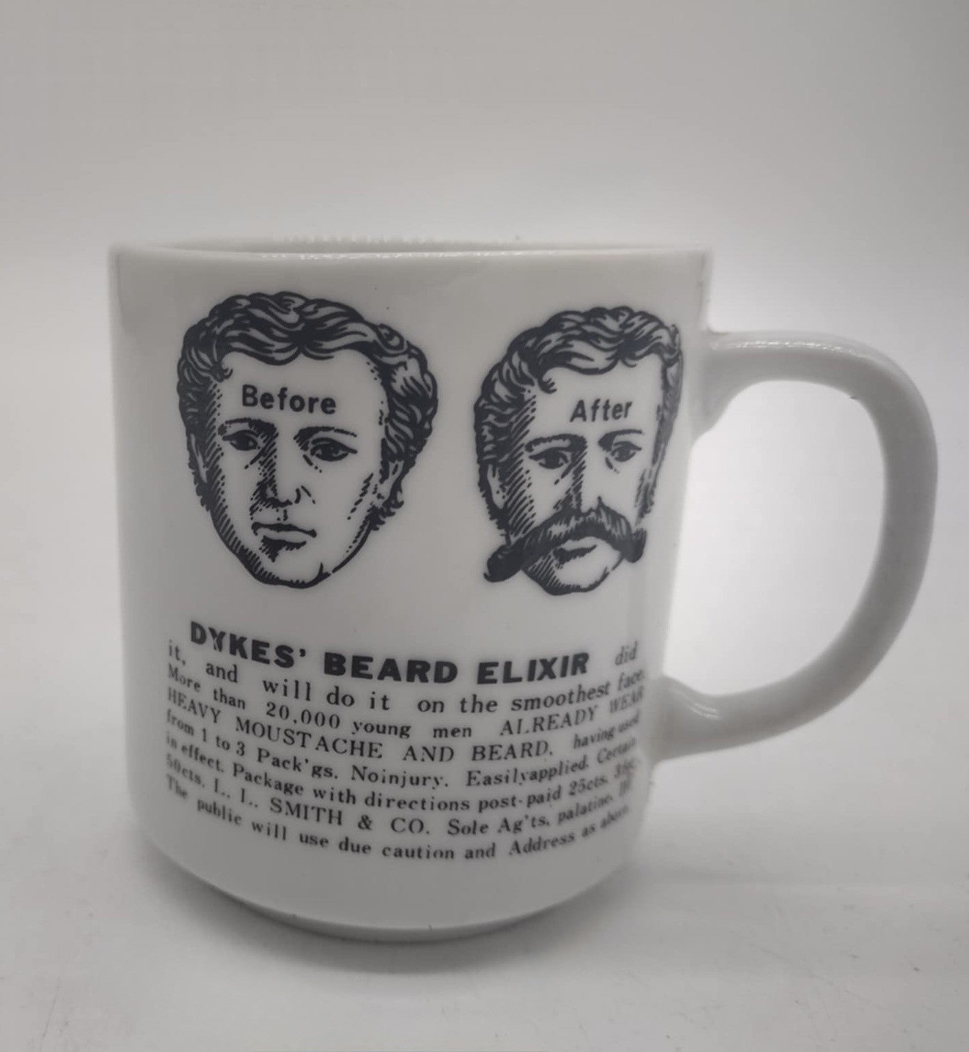 Nice Vintage Graphic Dyke's Beard Elixir "Mustache Mug" Shaving Mug Rare