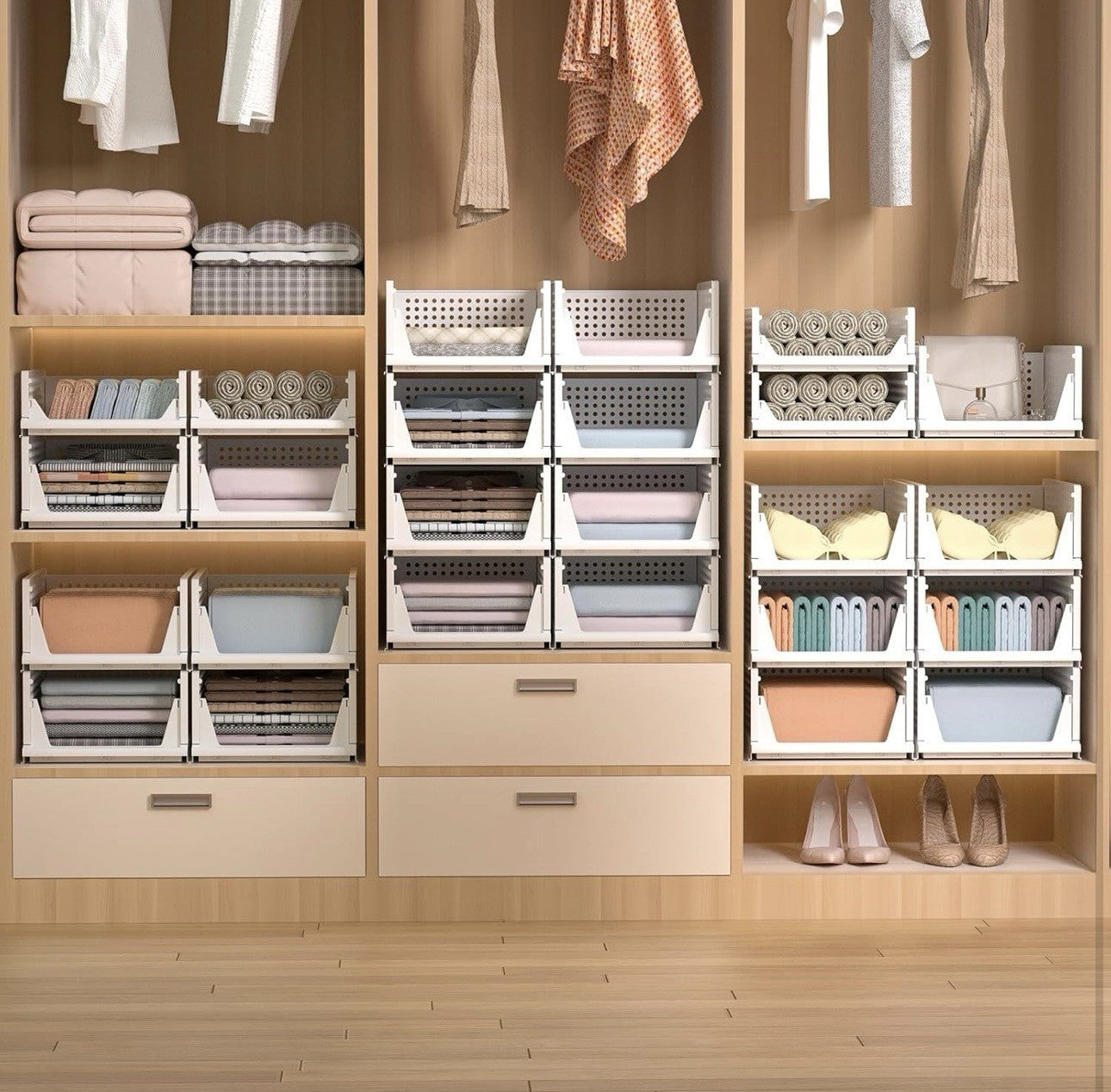 Clothes Organizers And Storage, 3 Pack Stackable Plastic Storage Bins, Foldable