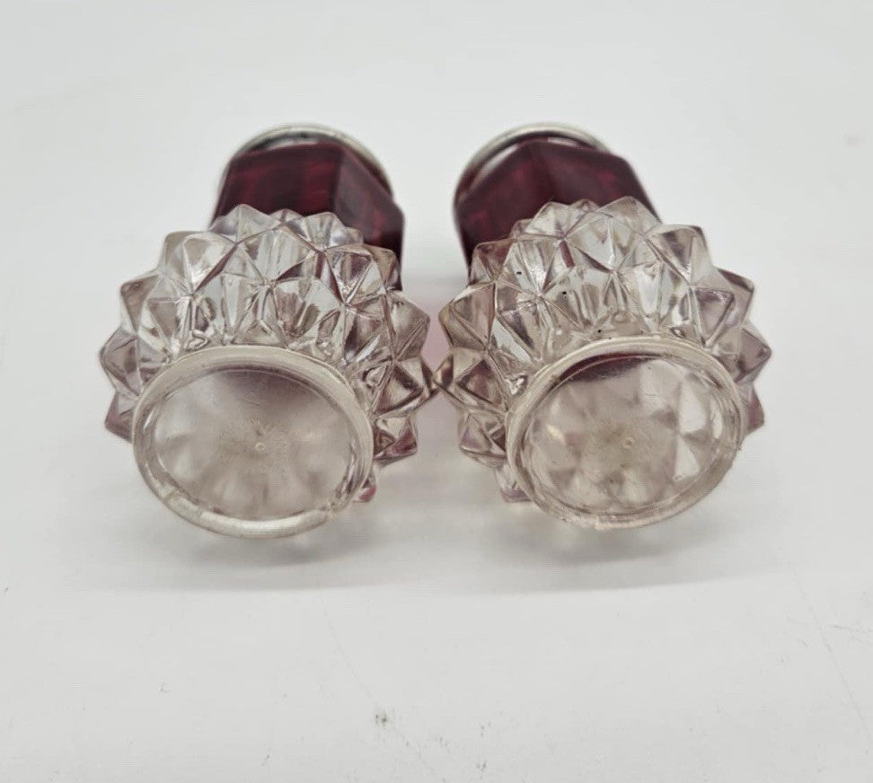 Indiana Glass Diamond Point Ruby Salt and Pepper Set with Chrome Lids