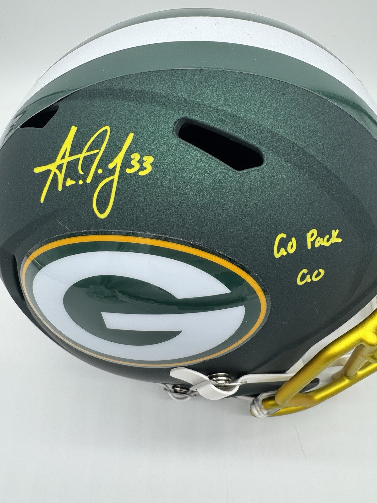 Packers Aaron Jones Signed Full Size Speed Rep Helmet w/ Script & Showcase ~ BAS