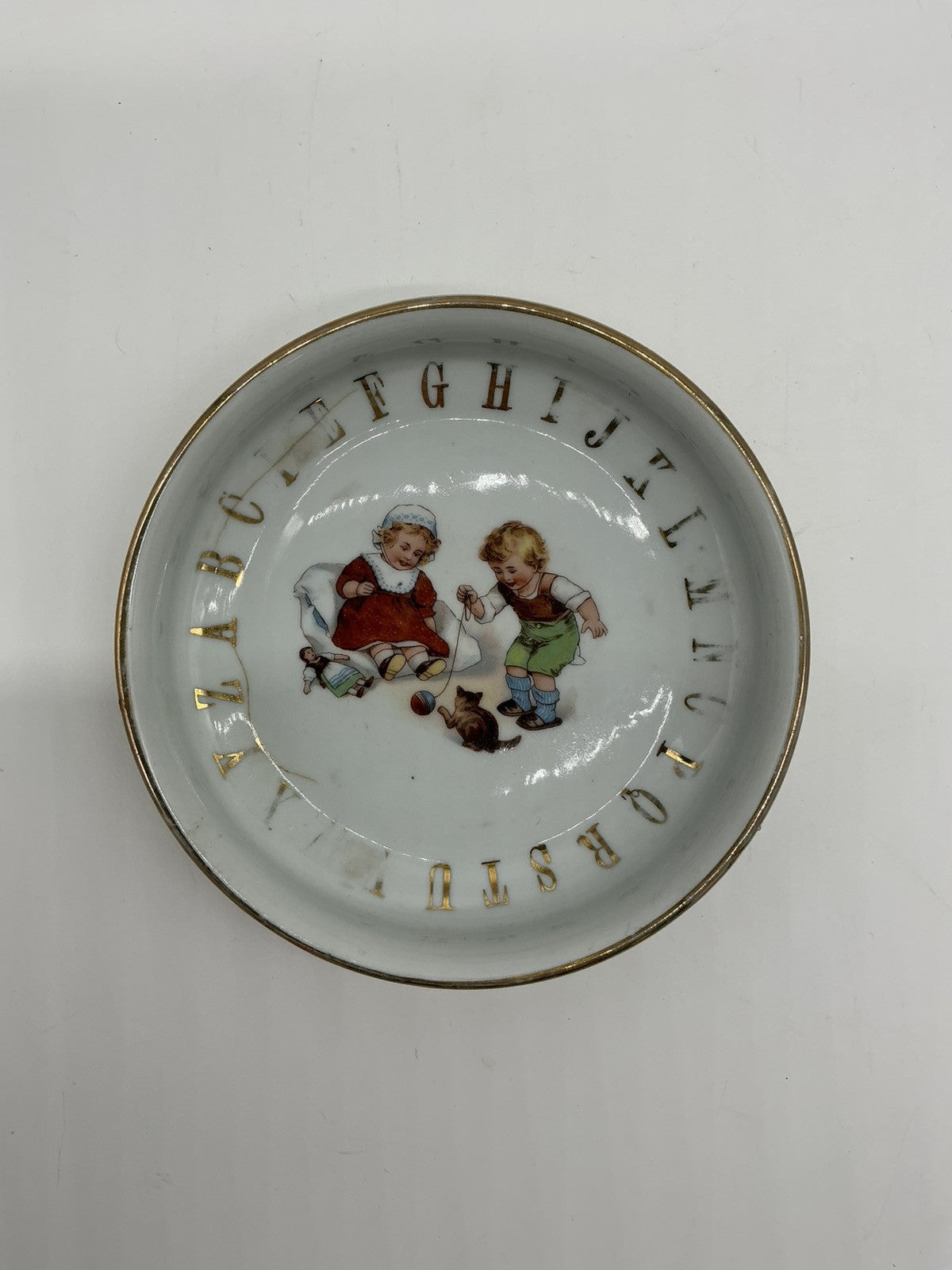 Vintage German Gold Alphabet Youth Shallow Bowl- Victorian Children & Chickens