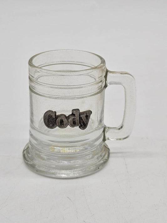 Vintage Souvenir Clear Glass Shot Glass w/ Pewter “Cody”