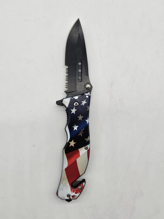 USA Flag Serrated Blade Spring Open Folding Survival Camping Rescue Pocket Knife