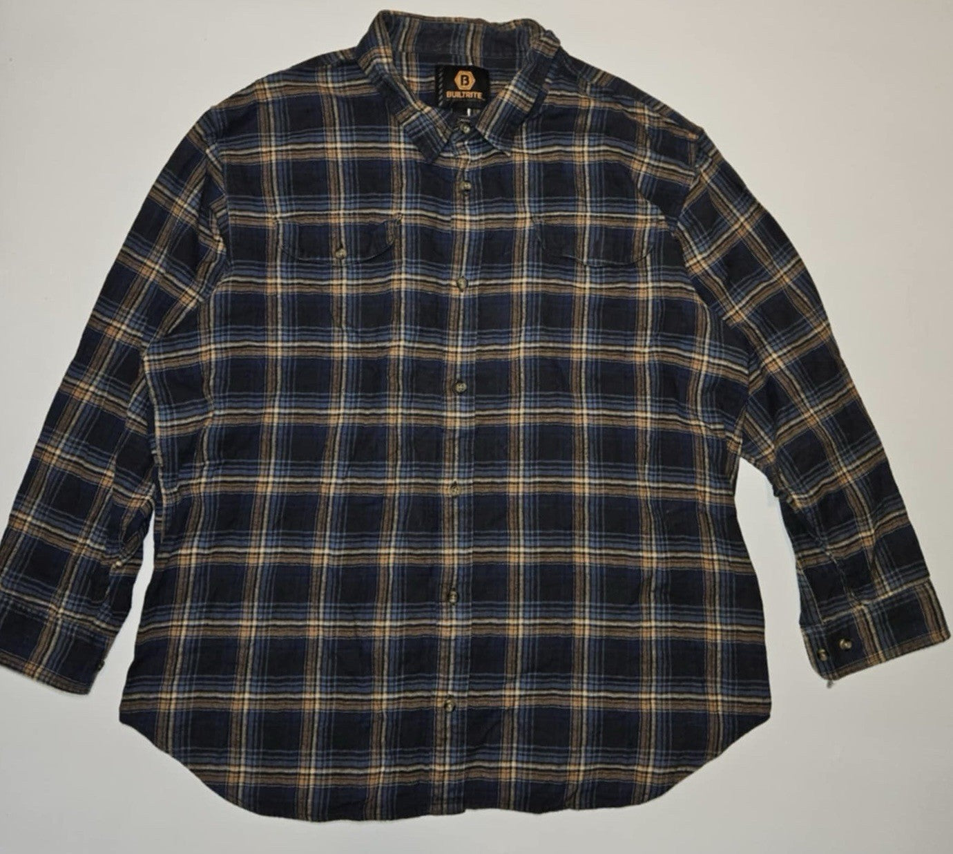 BUILTRITE Flannel Shirt Blue/Brown Plaid 100% Combed Cotton Men's Size XL