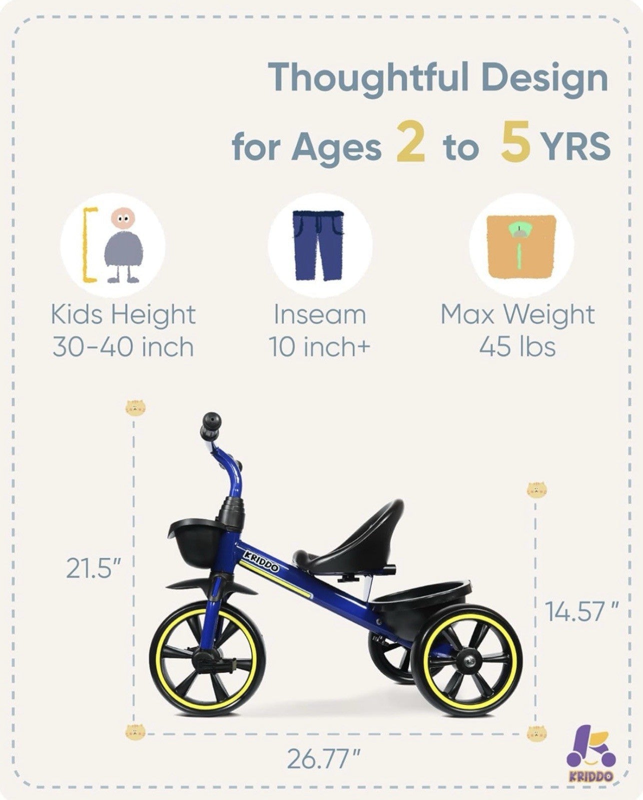 Kriddo Kids Tricycle TC003 Blue For Ages 2-4 Years