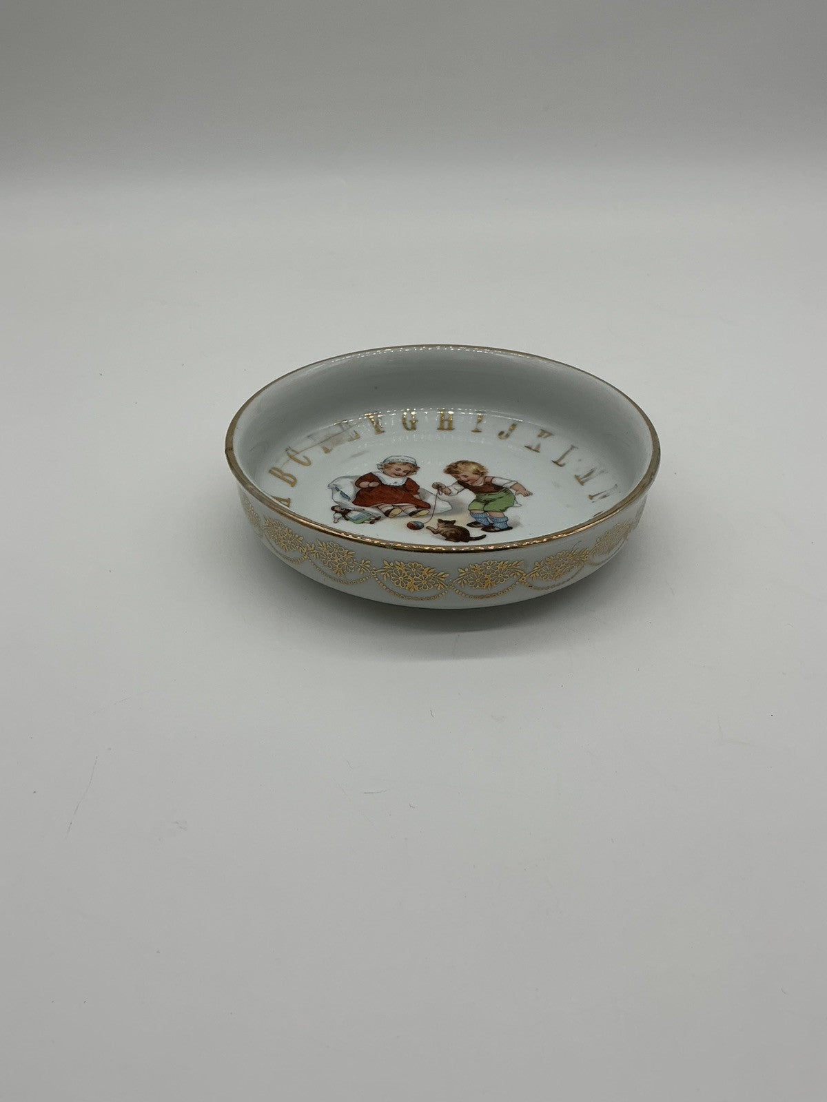 Vintage German Gold Alphabet Youth Shallow Bowl- Victorian Children & Chickens