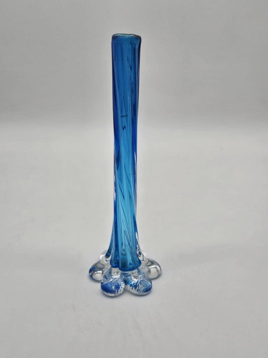 Glass Bud Vase Cobalt Blue & Clear 11-1/2" Tall Fluted