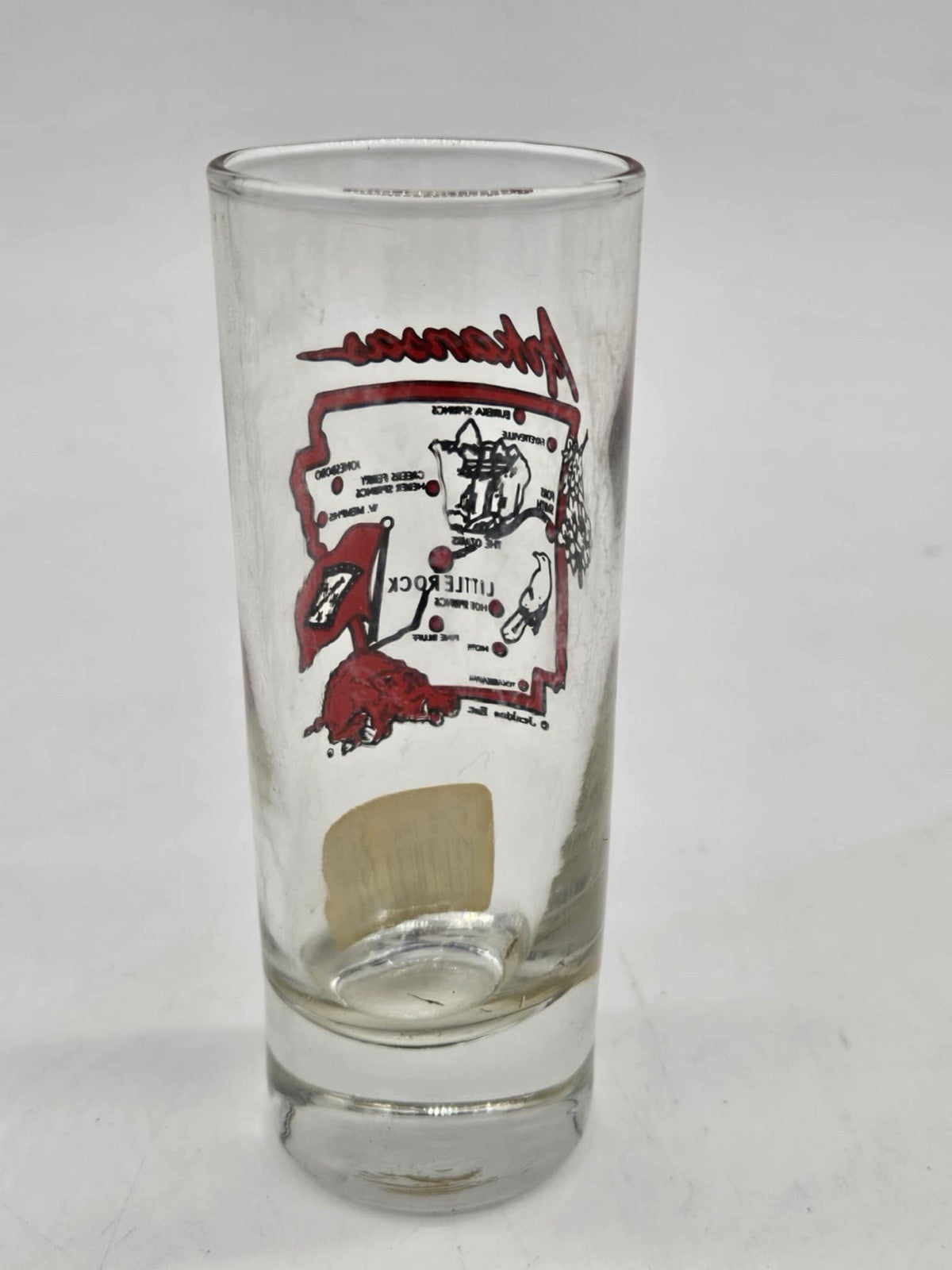Shot glass Arkansas The Natural State. Has Map Plus Hogs On It. Tall Shot Glass