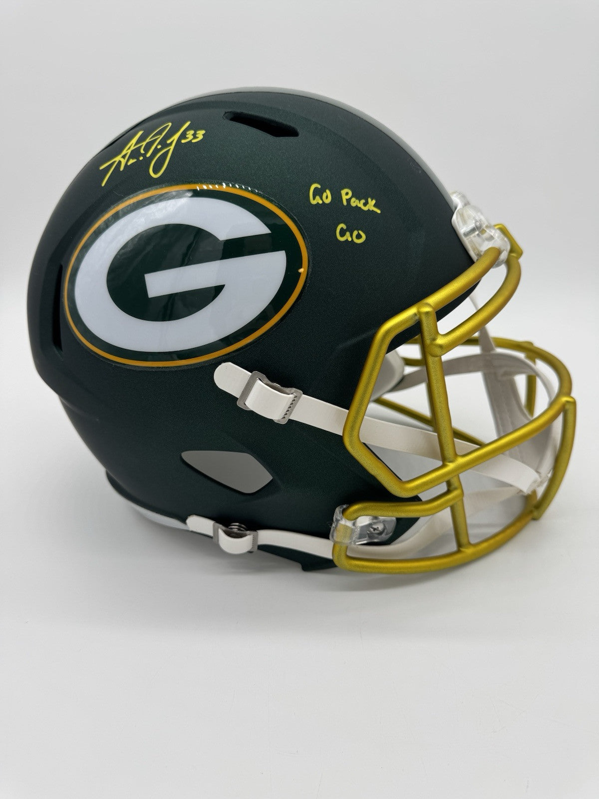 Packers Aaron Jones Signed Full Size Speed Rep Helmet w/ Script & Showcase ~ BAS