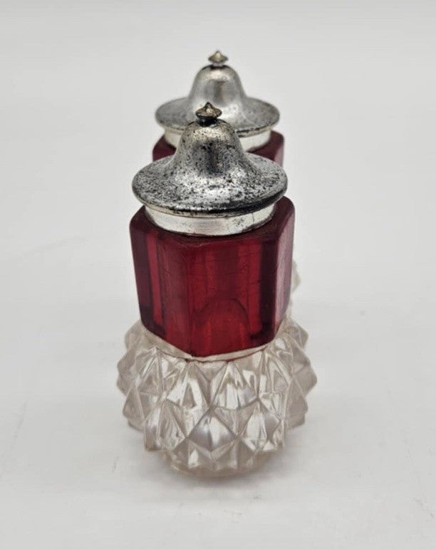 Indiana Glass Diamond Point Ruby Salt and Pepper Set with Chrome Lids