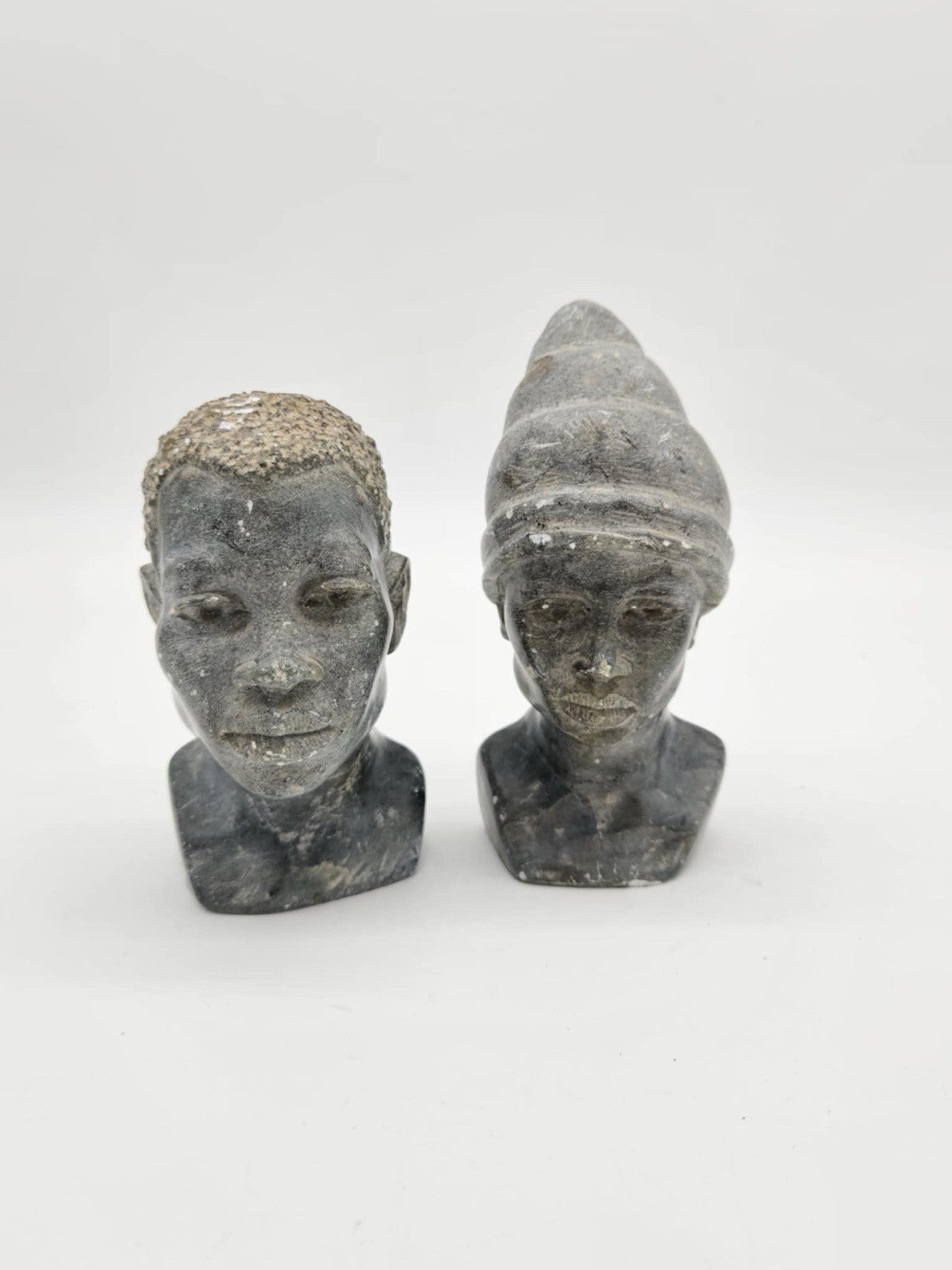 Vintage Hand Carved Zimbabwe Solid Soapstone African Man & Woman Bust