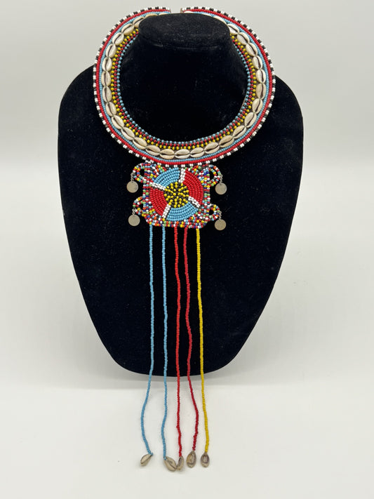 Vintage Kenya African Wedding Collar Colorful Seed Bead & Shell Round Necklace