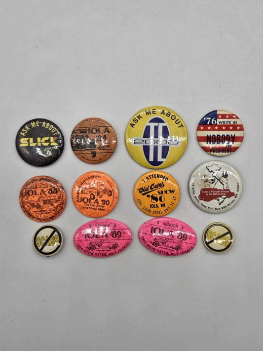 Lot of 12 Vintage Pins / Vintage Buttons - Iola Car Shows & More