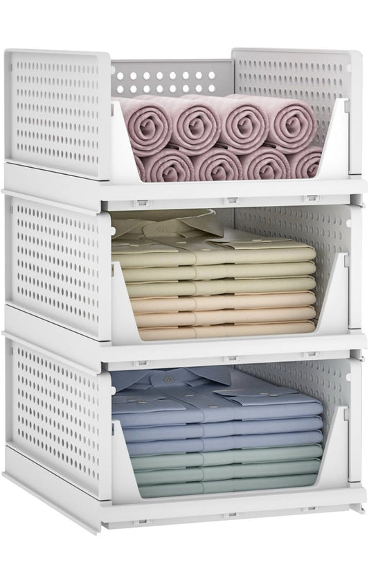 Clothes Organizers And Storage, 3 Pack Stackable Plastic Storage Bins, Foldable