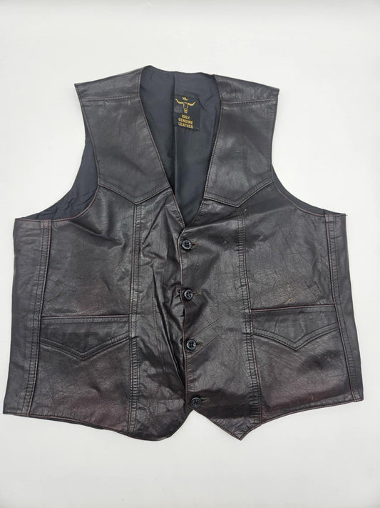 Vintage Black Genuine Leather Motorcycle Biker Vest ~ Sz XL