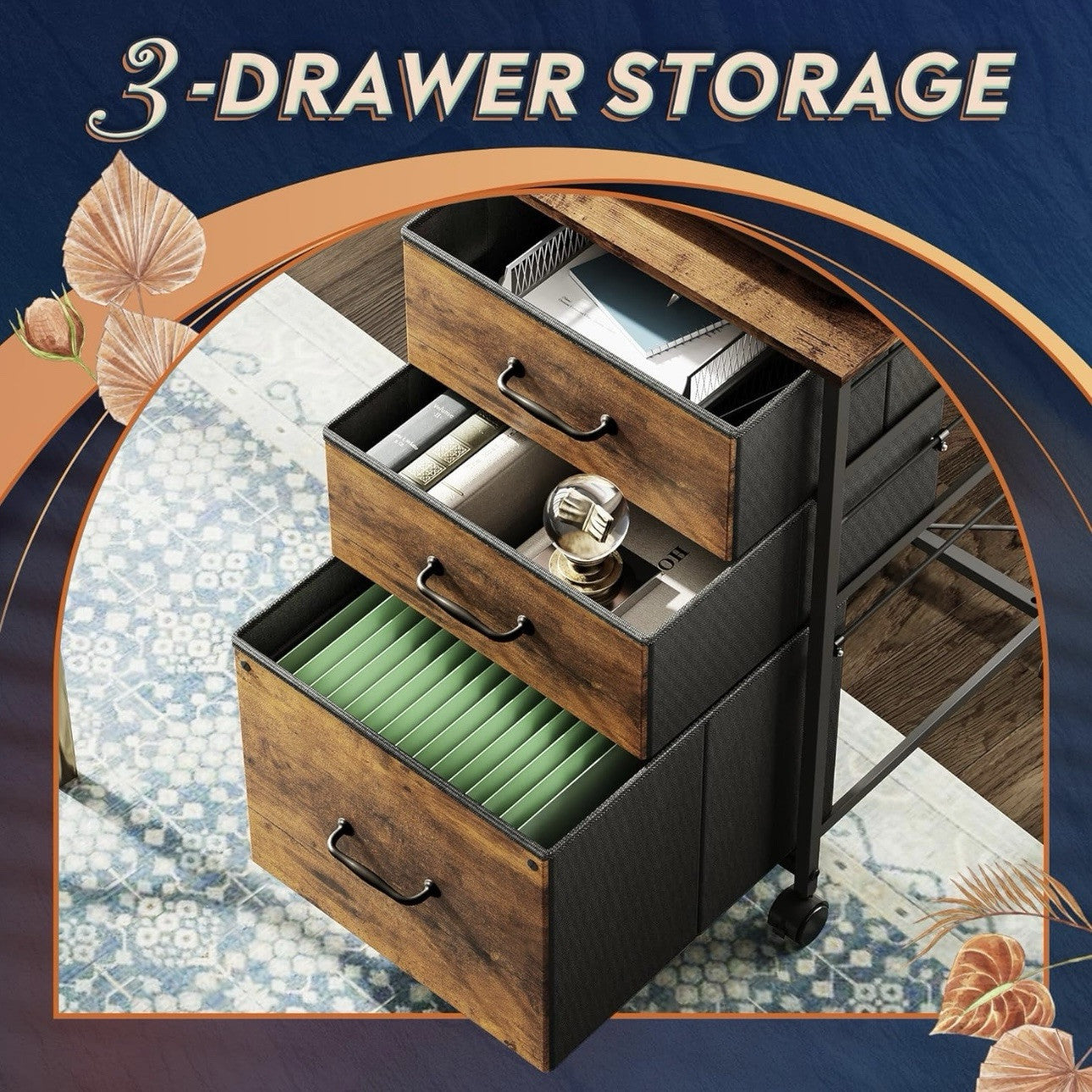 Devaise AHDG041 Fabric 3 Drawer File Cabinet / DHS  Rustic Brown