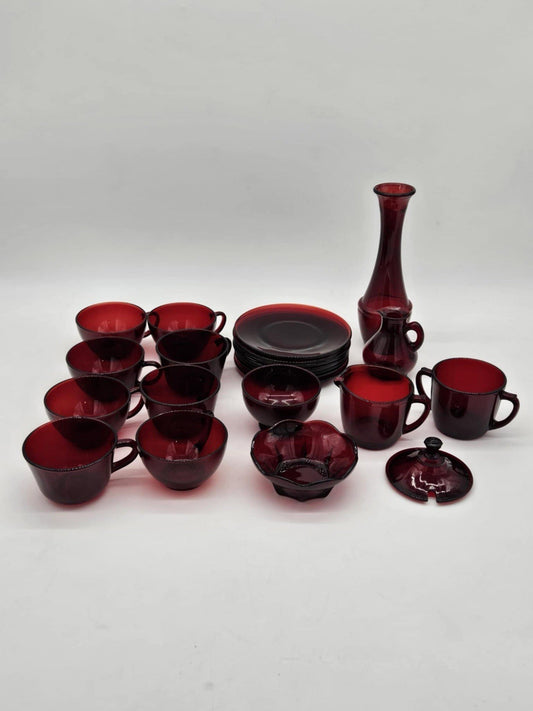 Lot of 23 Vintage Anchor Hocking Ruby Red Glass Plates, Bowls, Cups, Vase & More