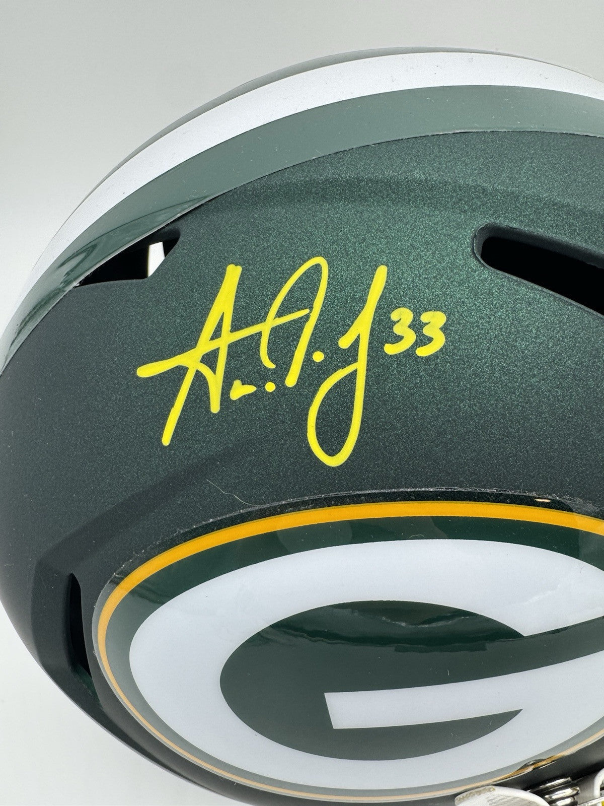 Packers Aaron Jones Signed Full Size Speed Rep Helmet w/ Script & Showcase ~ BAS
